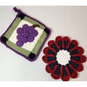Vintage Handmade Crochet Potholder Set Grape Motif and Flower Trivet 2pc